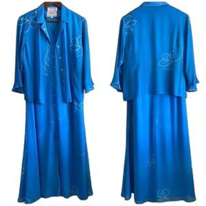 Ingenuity Women's Blue Chiffon Button Down Floral Dress & Jacket Set Size 10